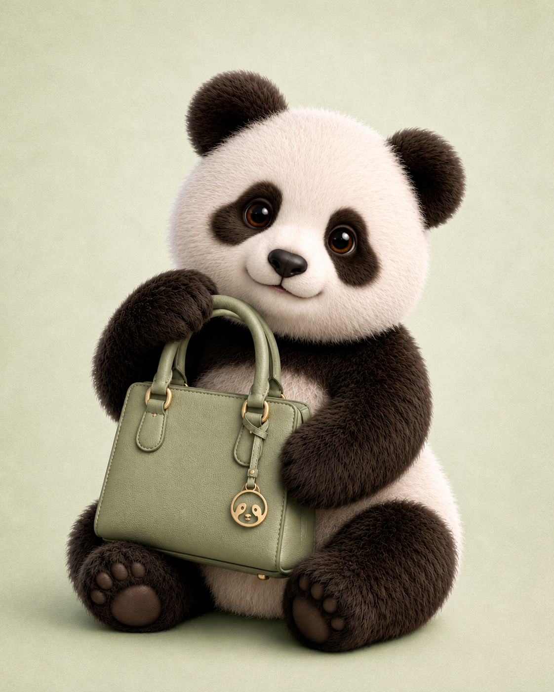 Cute panda holding a sage green handbag - PandaJewels Bag Collection