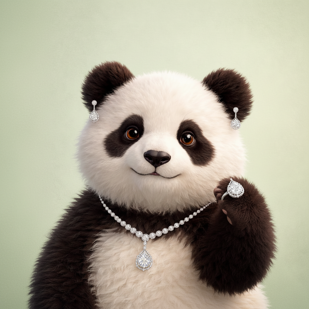 Panda wearing earrings with matching jewelry set