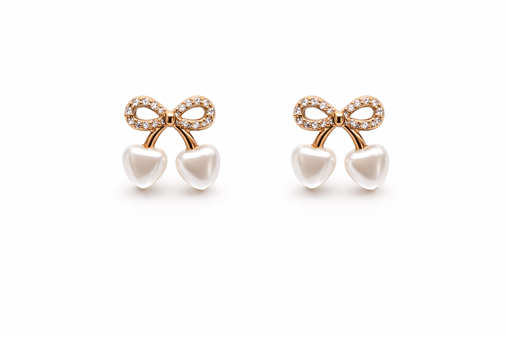 Gold Bow & Pearl Heart Drop Earrings