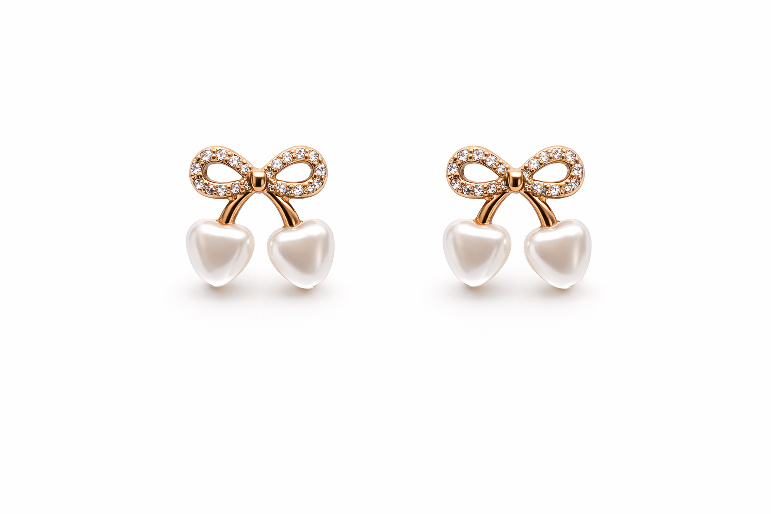 Gold Bow & Pearl Heart Drop Earrings