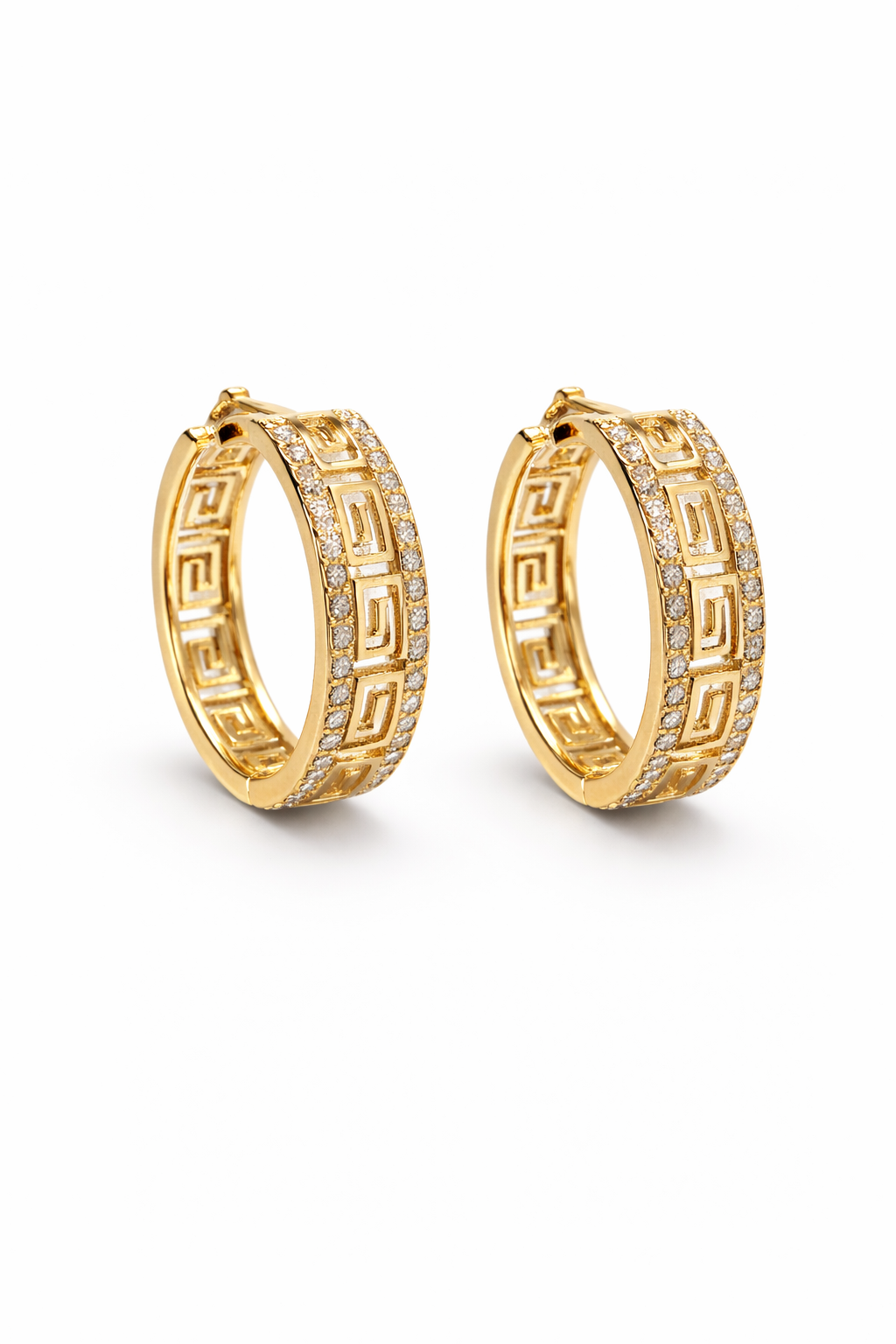 Gold Greek Key Pavé Hoop Earrings