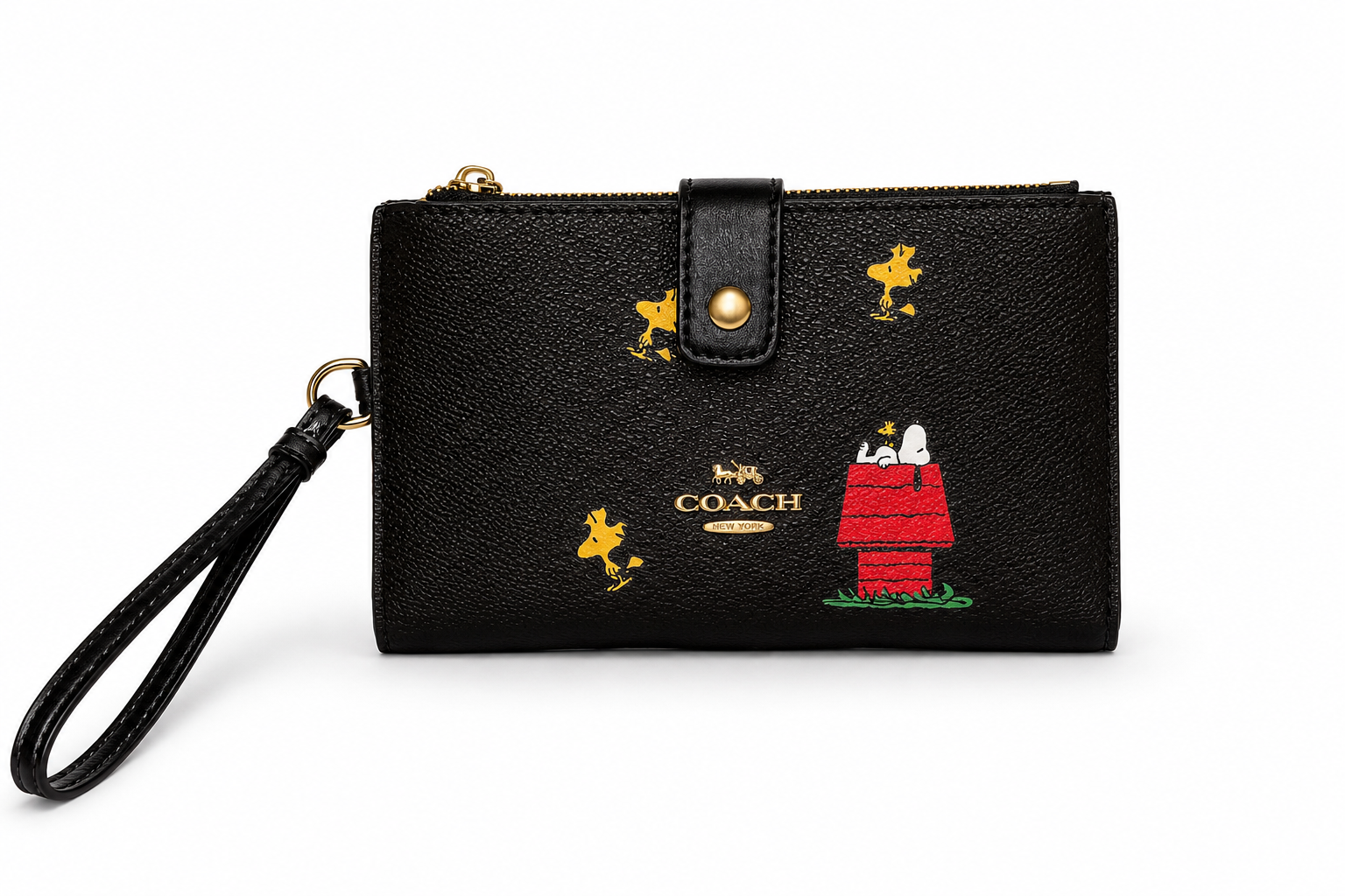Coach x Peanuts Snoopy Woodstock wristlet black exterior