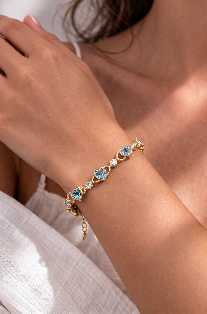 Aqua Heart & Crystal Link Bracelet