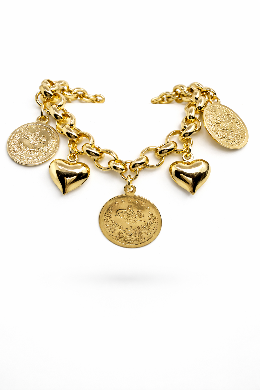 Gold Coin & Puffy Heart Charm Bracelet