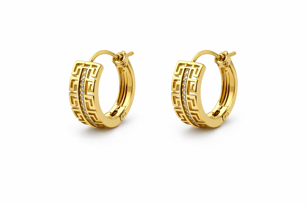 Greek Key Crystal Huggie Hoop Earrings
