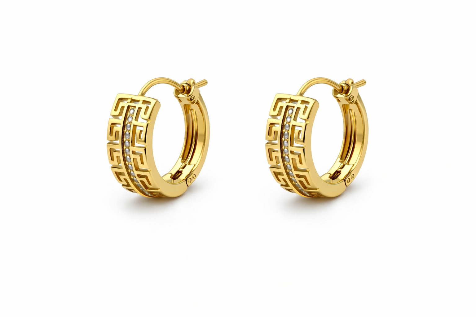 Greek Key Crystal Huggie Hoop Earrings