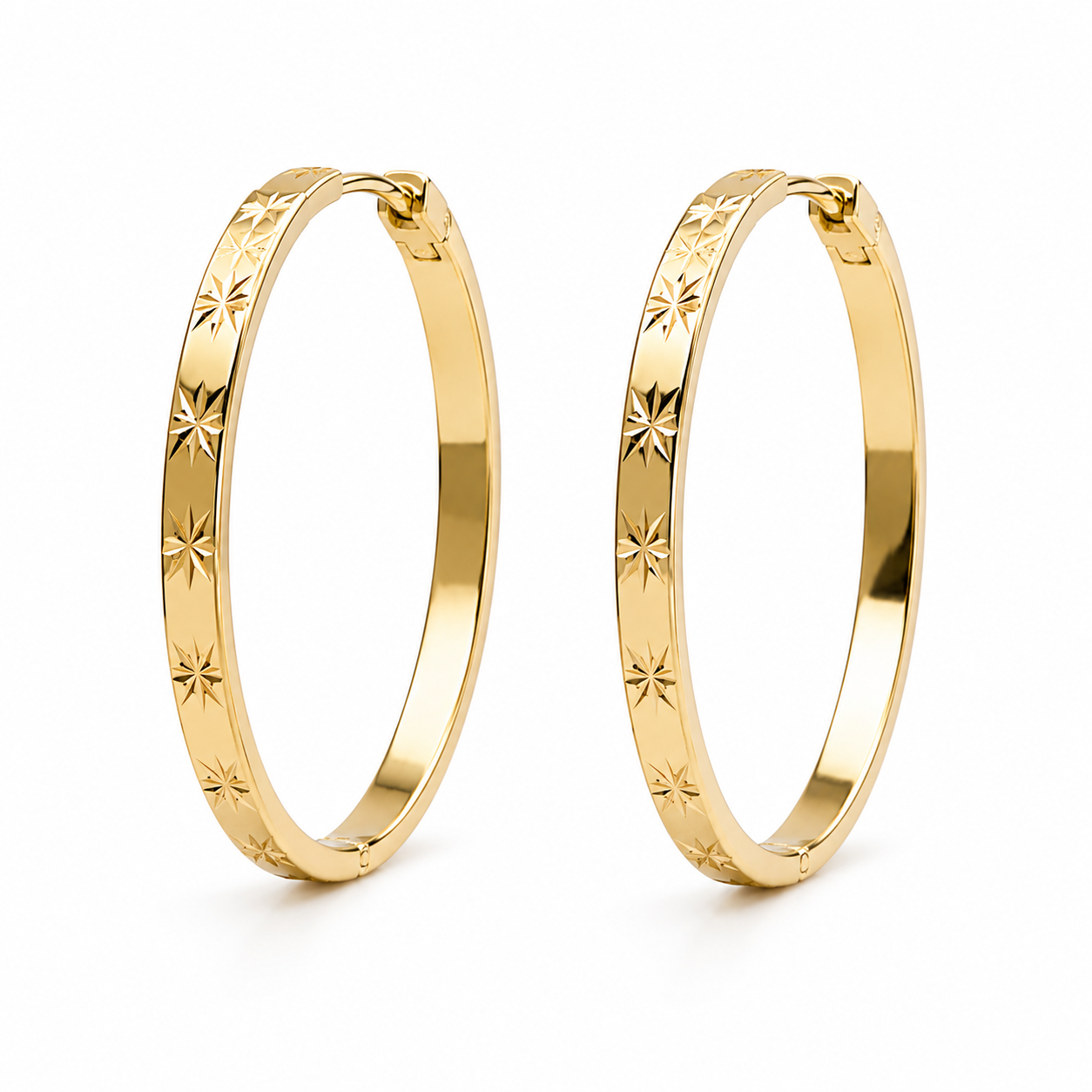 Gold Star-Engraved Hoop Earrings