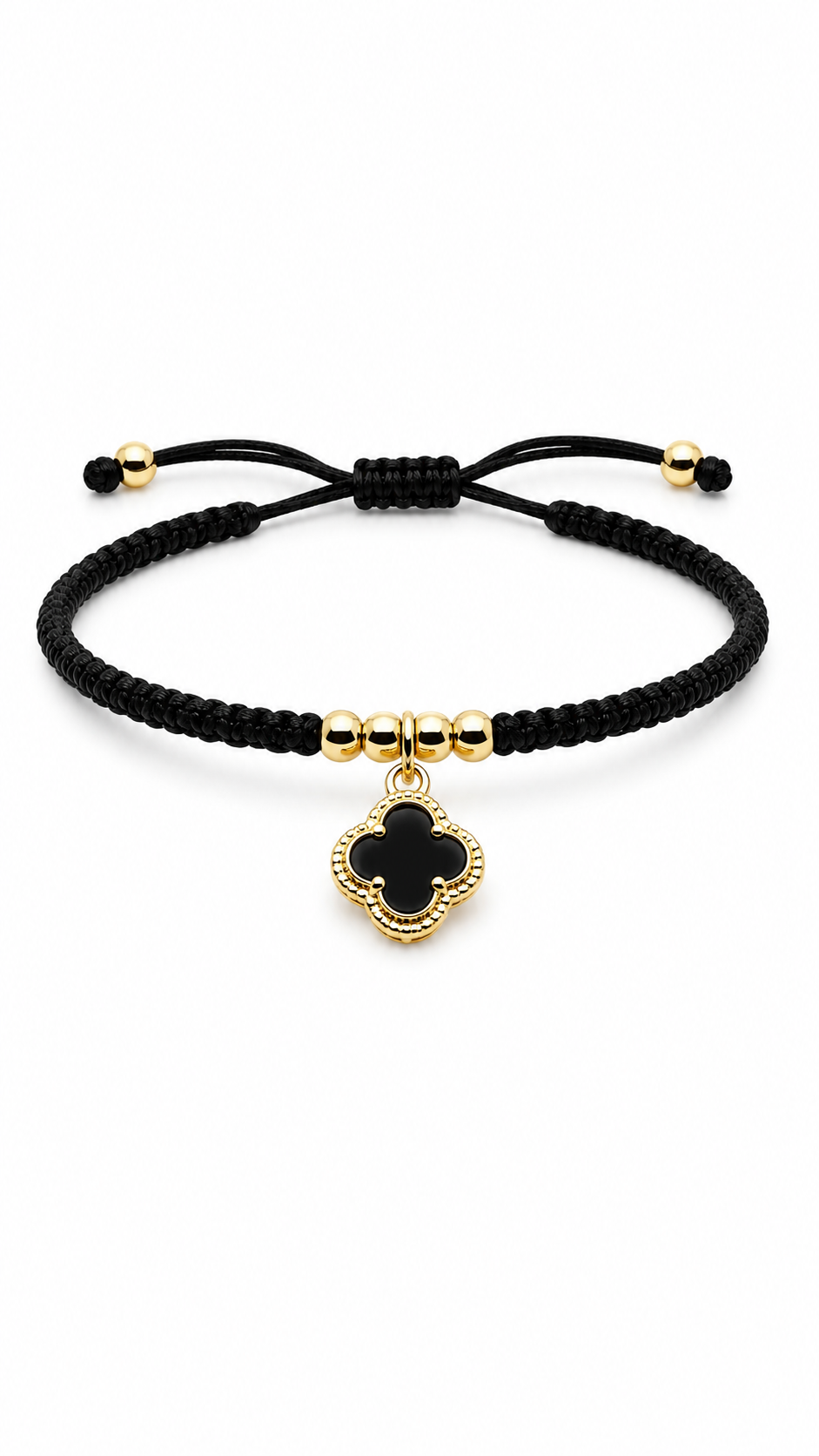 Black Macramé Bracelet with Gold Clover Charm