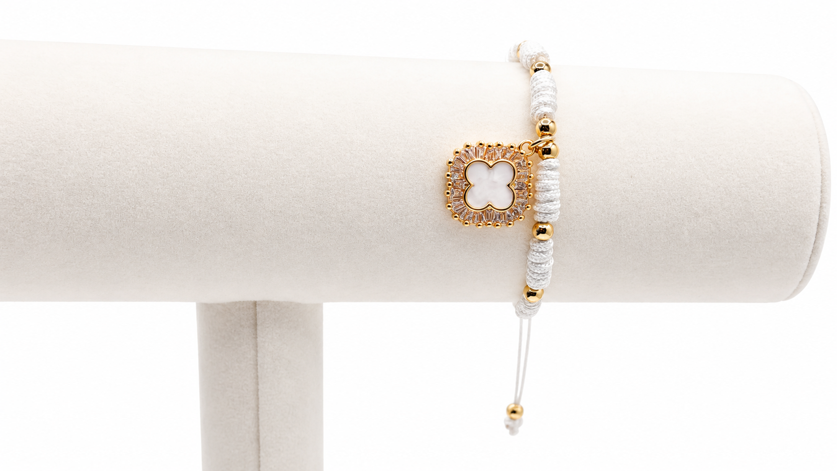 White Macramé Clover Charm Bracelet