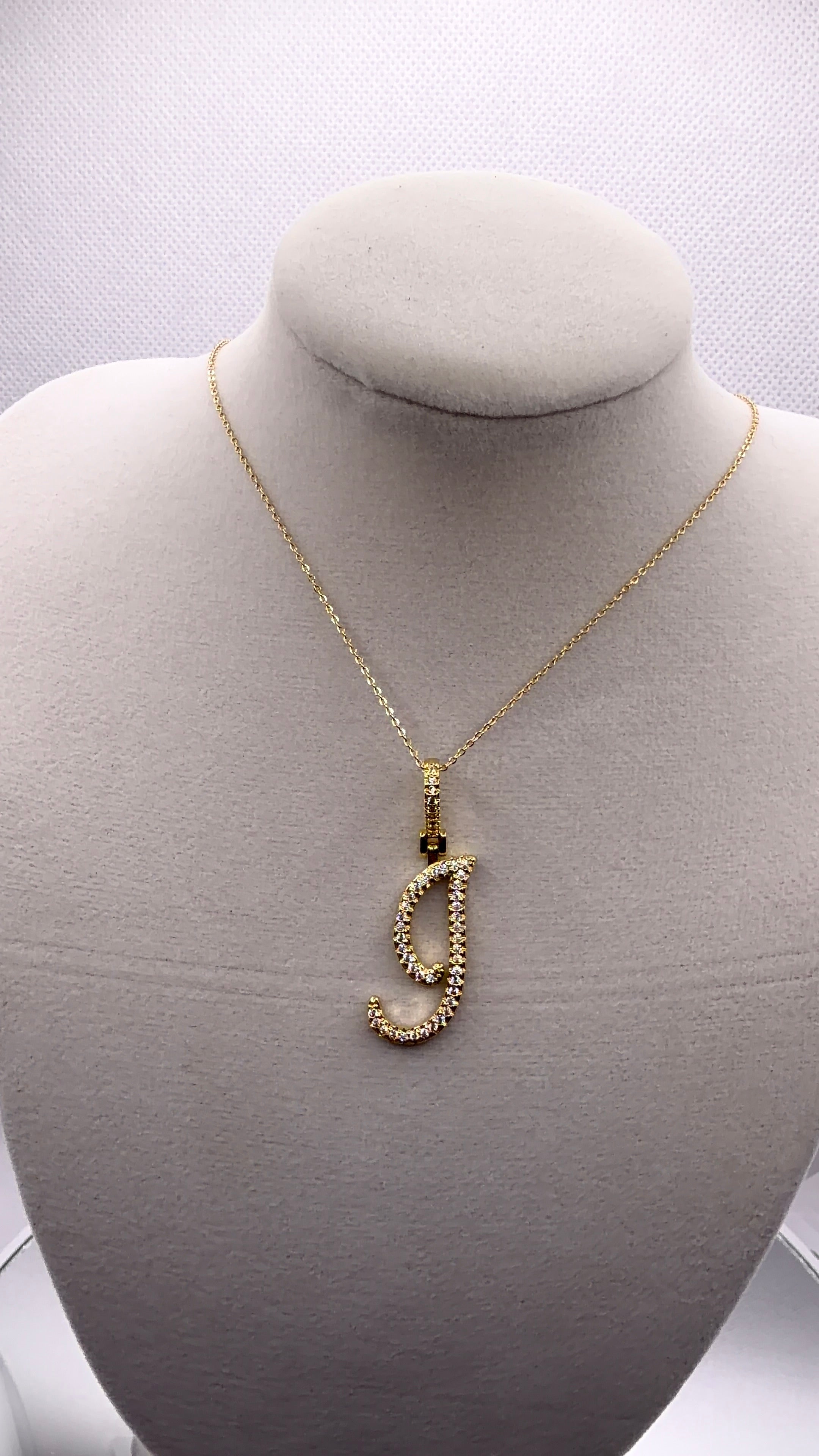 Gold CZ Cursive Initial "J" Pendant