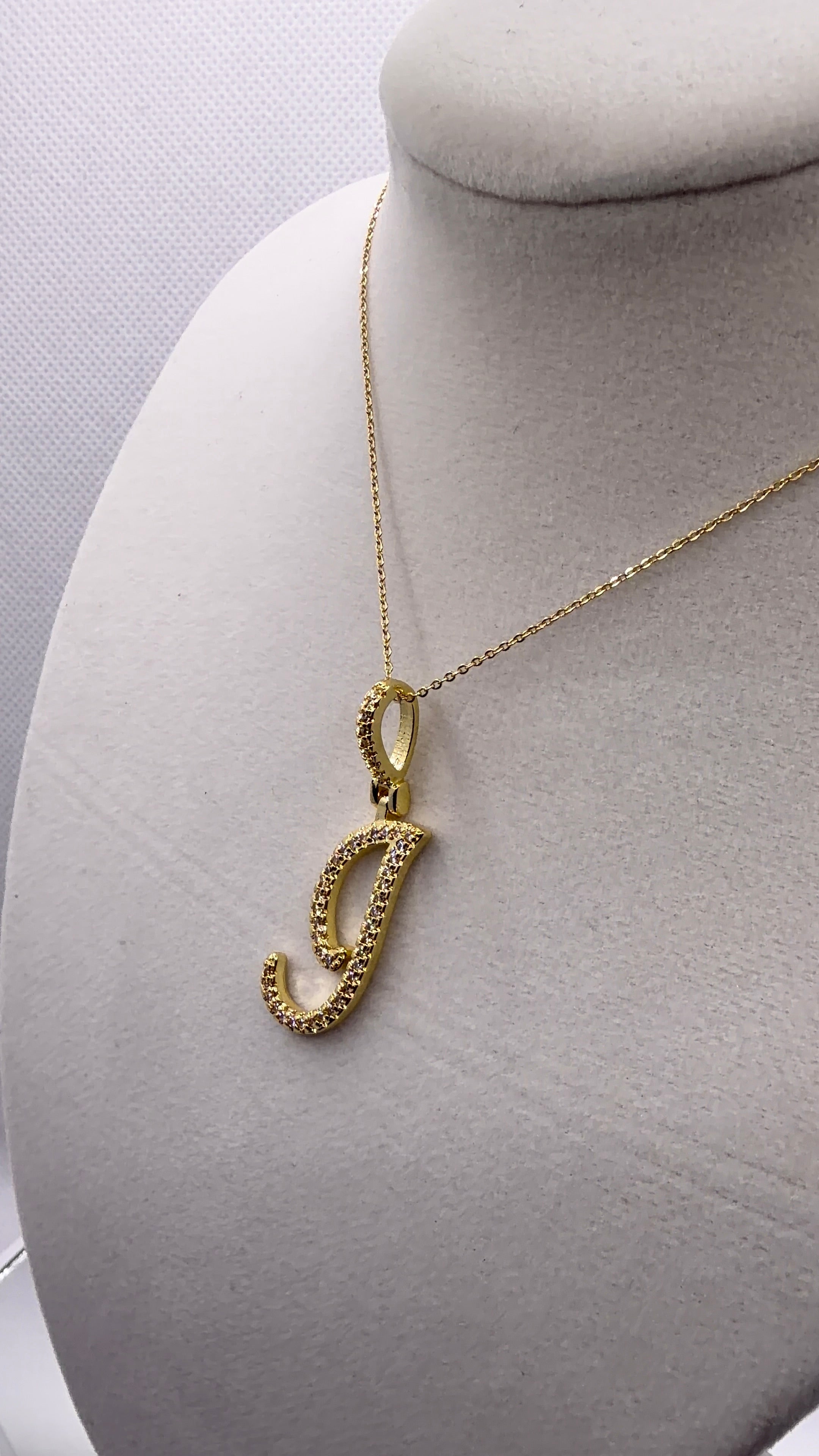 Gold CZ Cursive Initial "J" Pendant