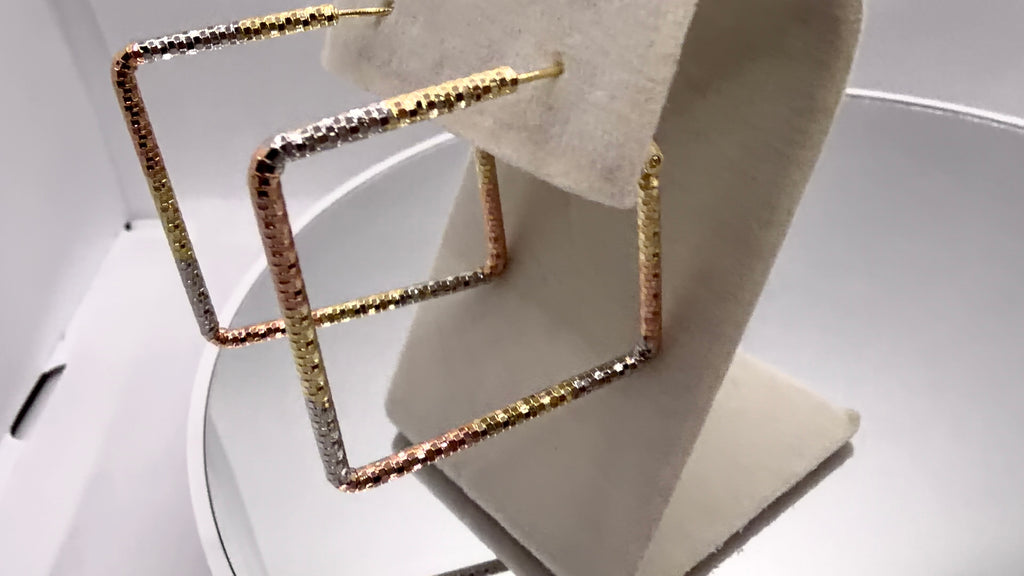 Tri-Tone Square Box Chain Hoop Earrings