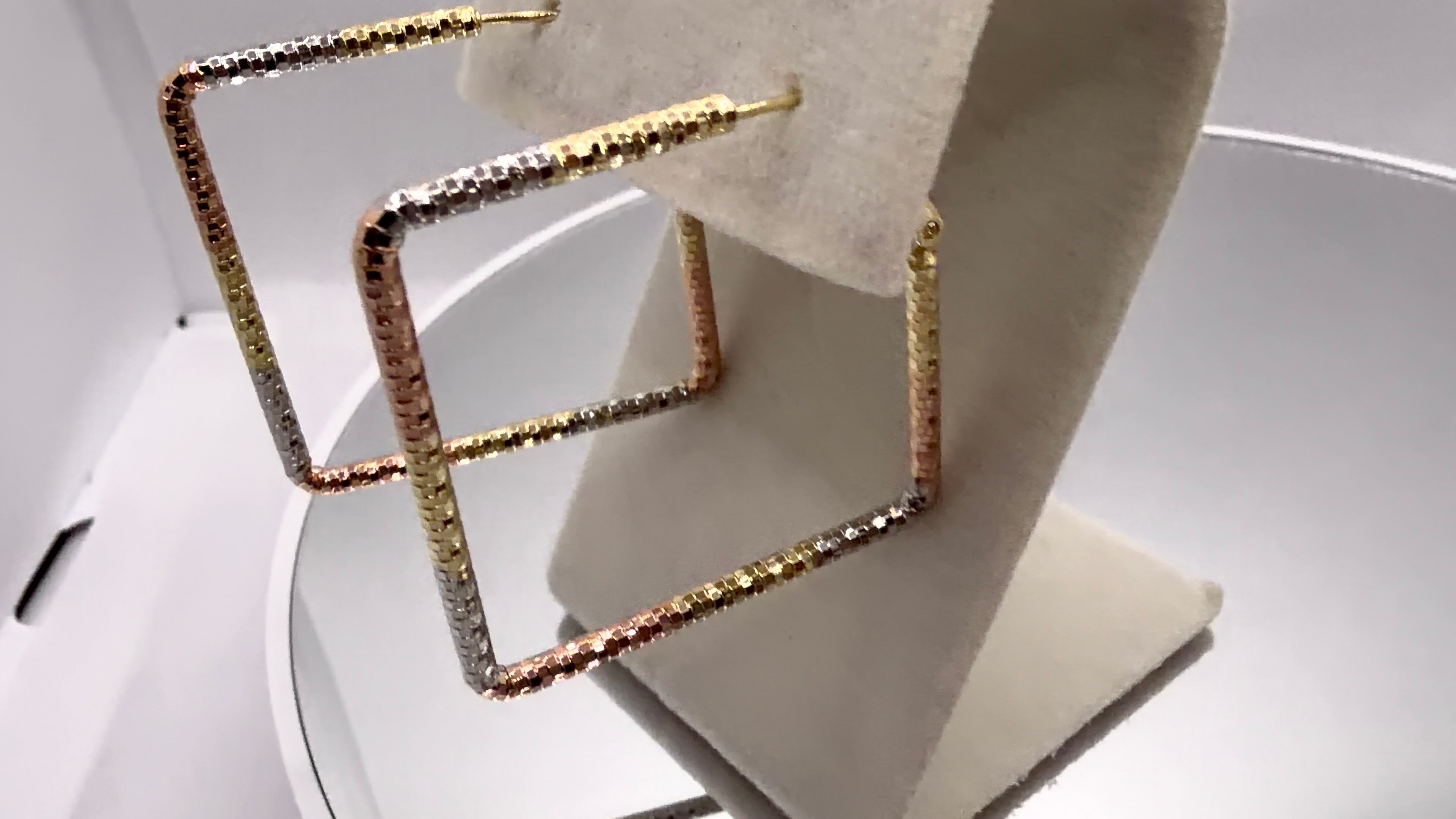 Tri-Tone Square Box Chain Hoop Earrings