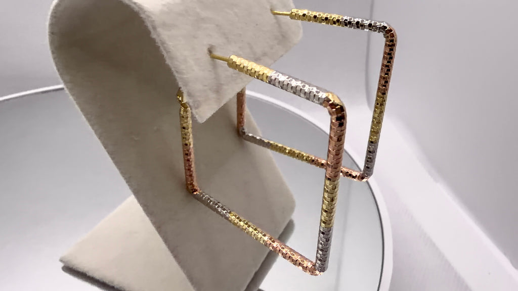 Tri-Tone Square Box Chain Hoop Earrings