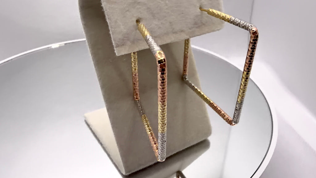Tri-Tone Square Box Chain Hoop Earrings