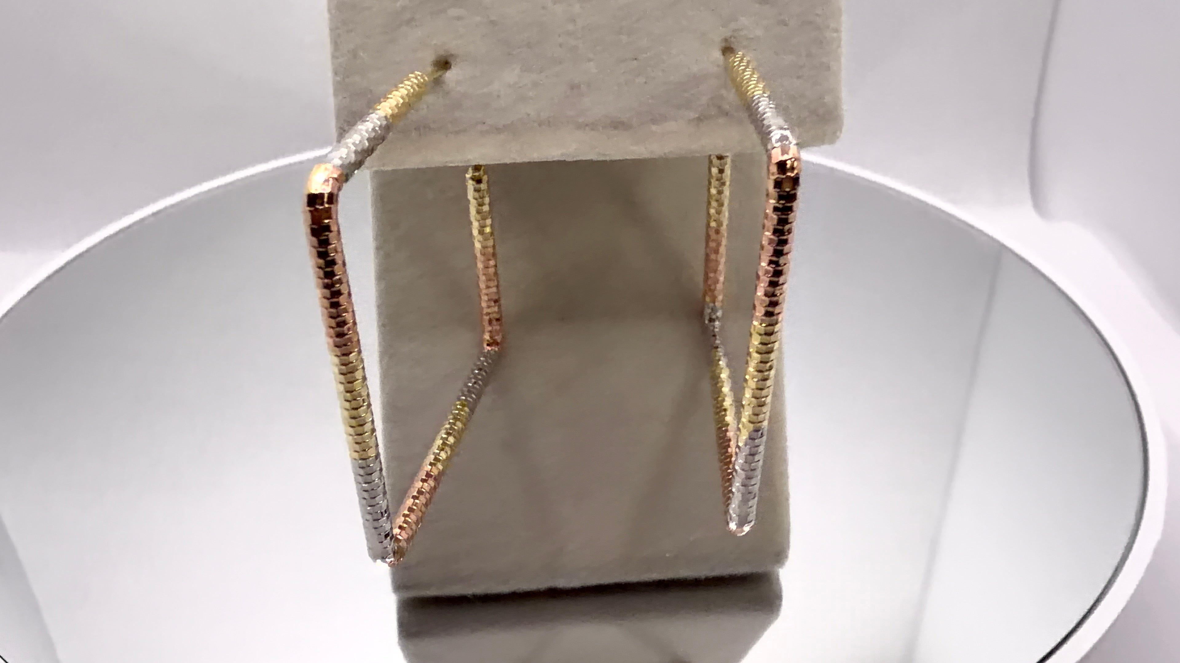 Tri-Tone Square Box Chain Hoop Earrings
