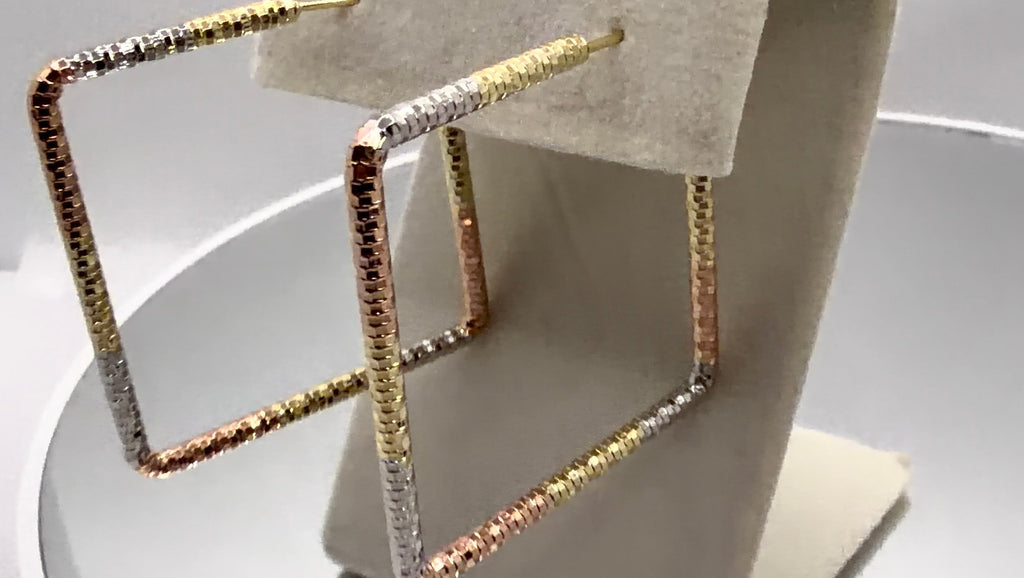 Tri-Tone Square Box Chain Hoop Earrings