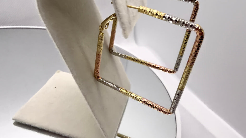 Tri-Tone Square Box Chain Hoop Earrings