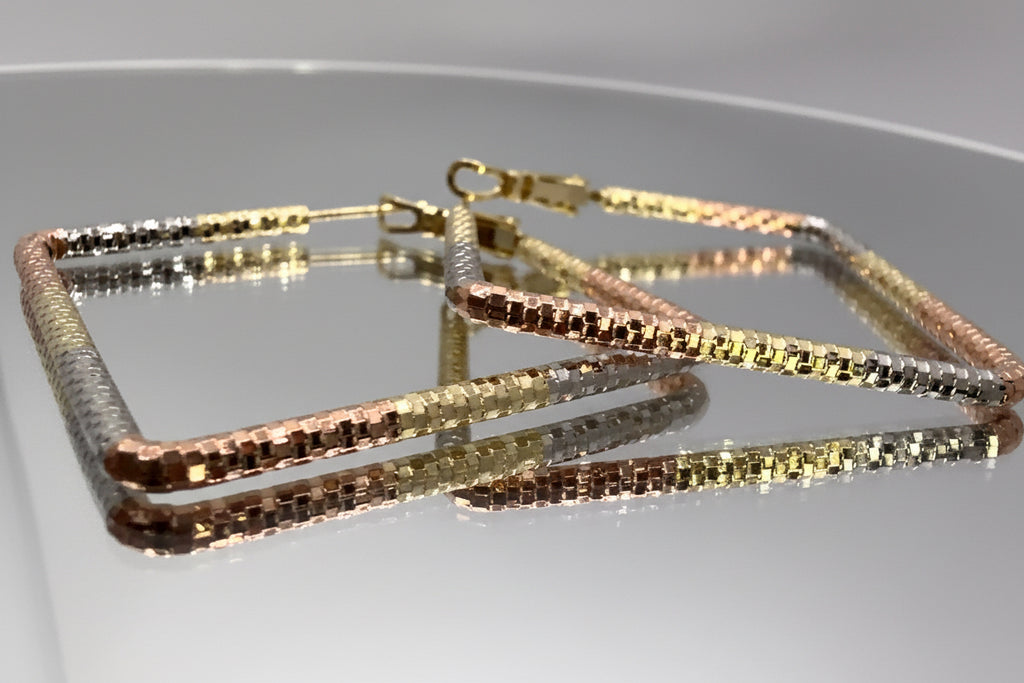 Tri-Tone Square Box Chain Hoop Earrings