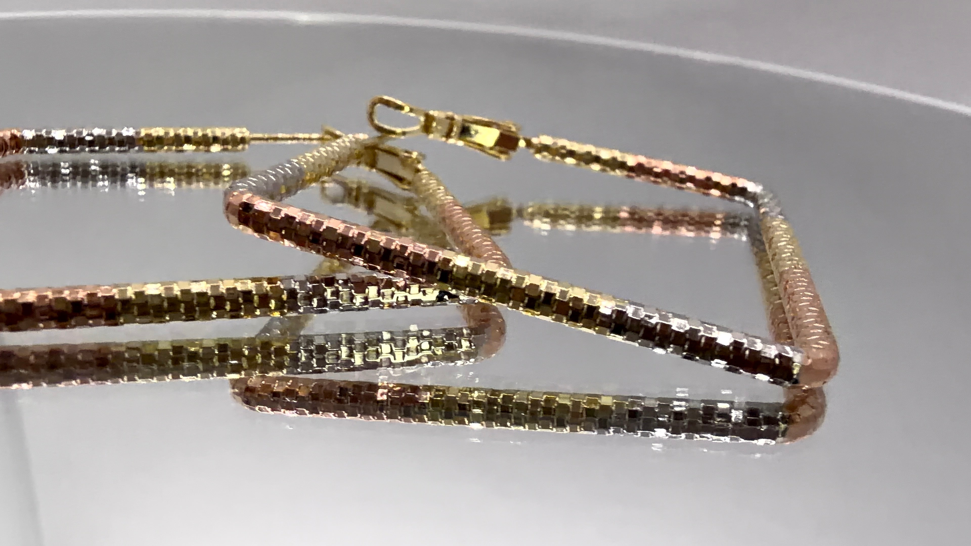 Tri-Tone Square Box Chain Hoop Earrings