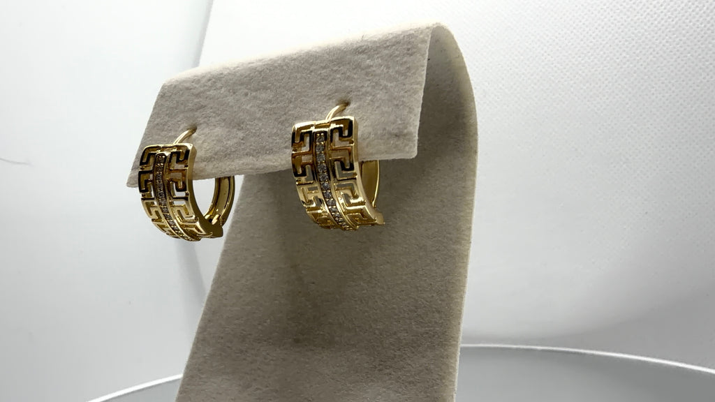 Greek Key Crystal Huggie Hoop Earrings