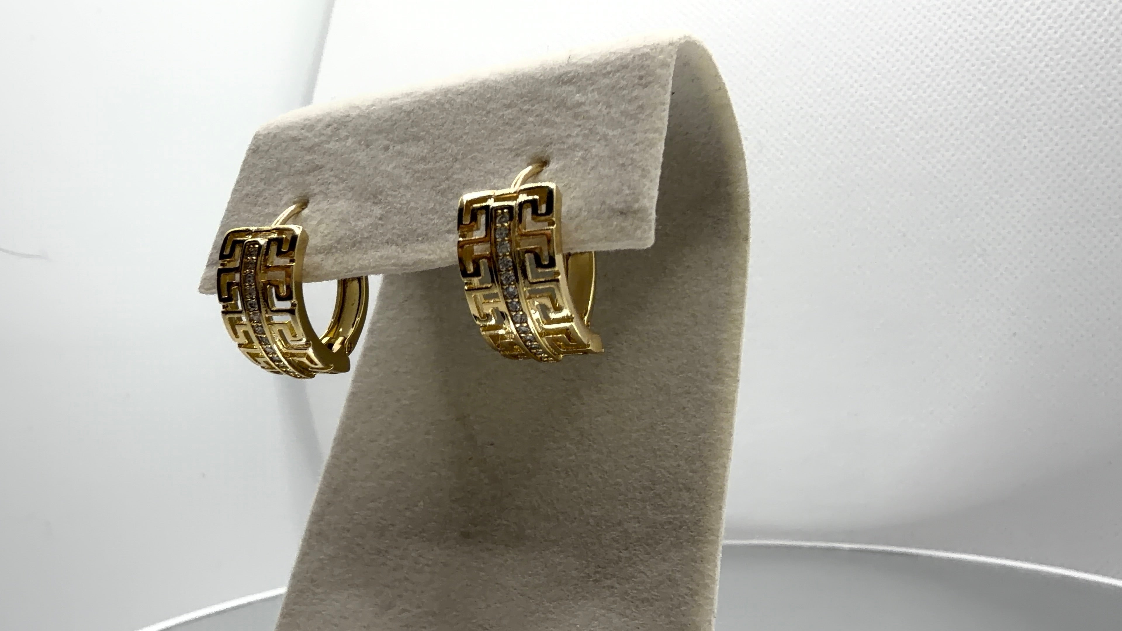 Greek Key Crystal Huggie Hoop Earrings