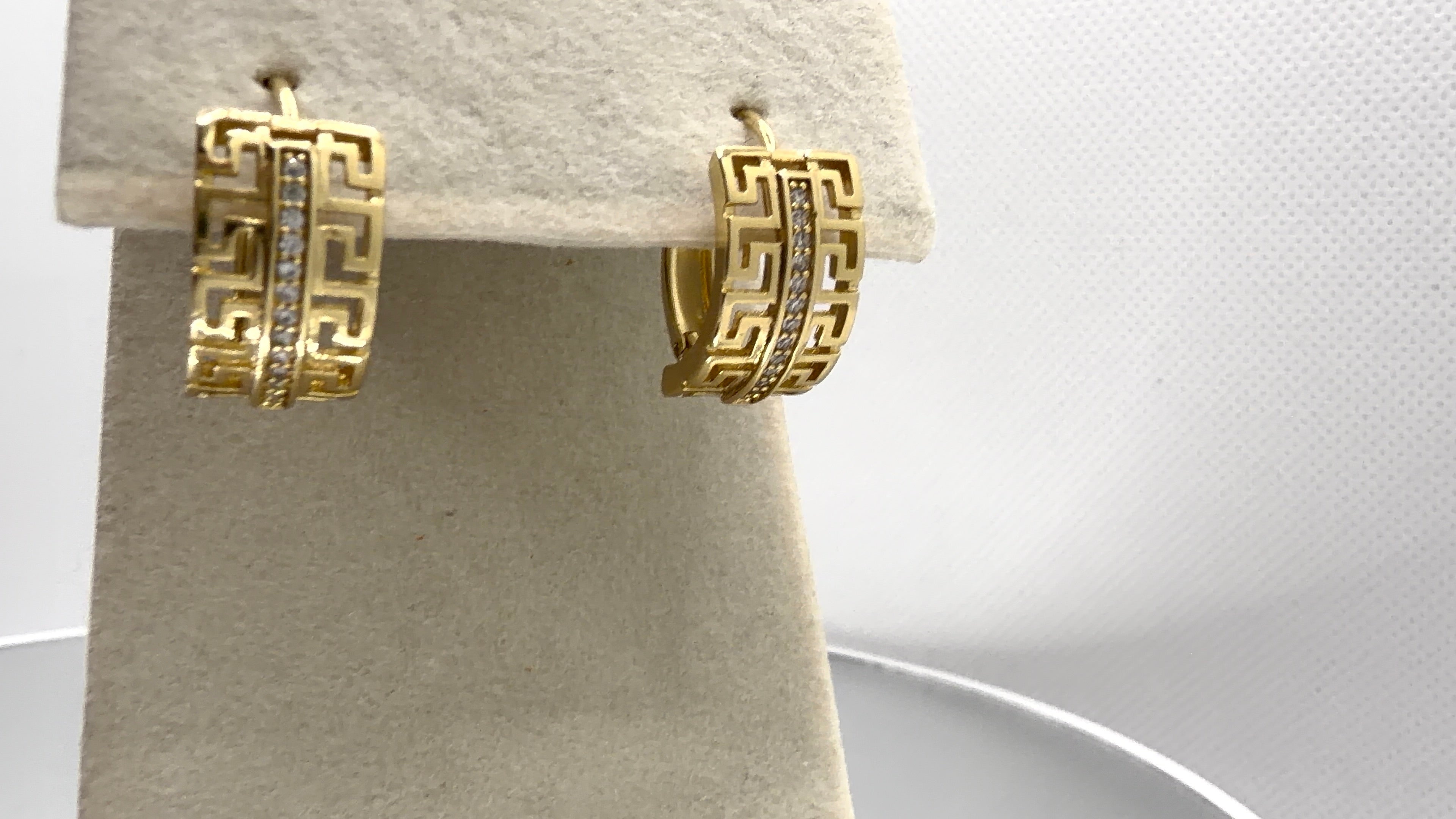 Greek Key Crystal Huggie Hoop Earrings