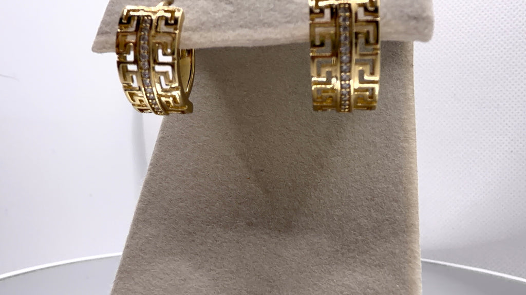 Greek Key Crystal Huggie Hoop Earrings