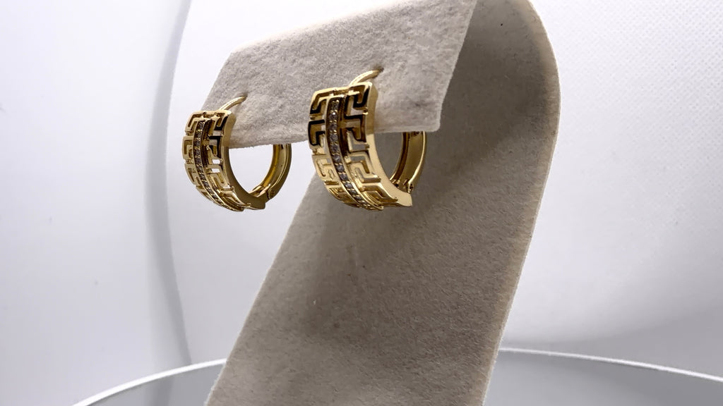Greek Key Crystal Huggie Hoop Earrings