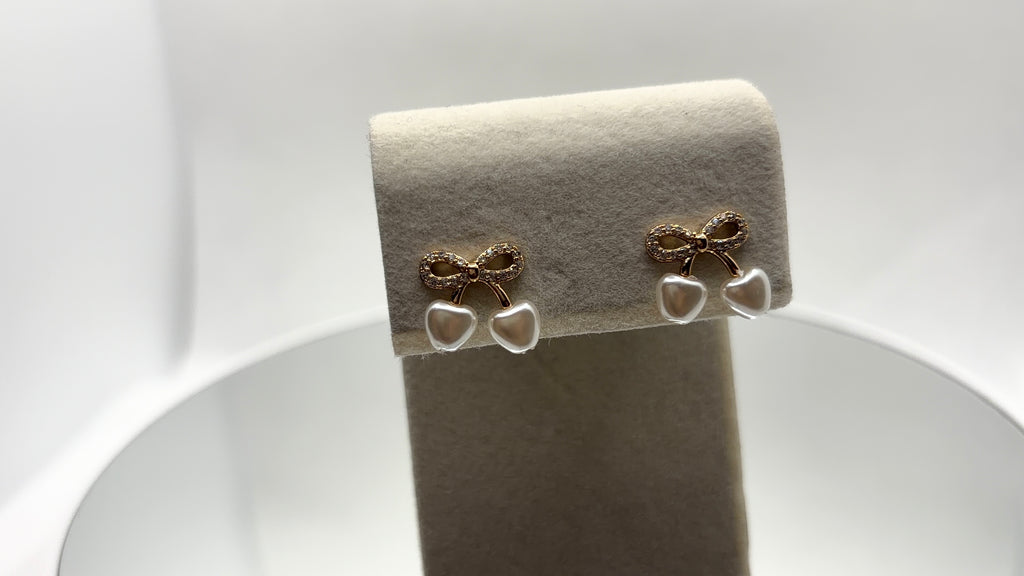 Gold Bow & Pearl Heart Drop Earrings