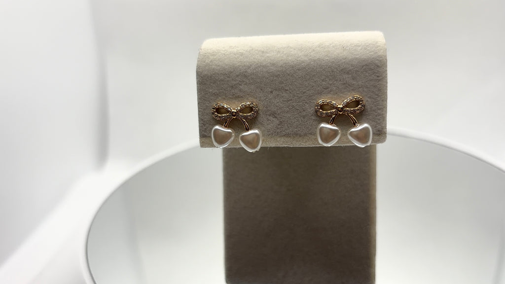 Gold Bow & Pearl Heart Drop Earrings