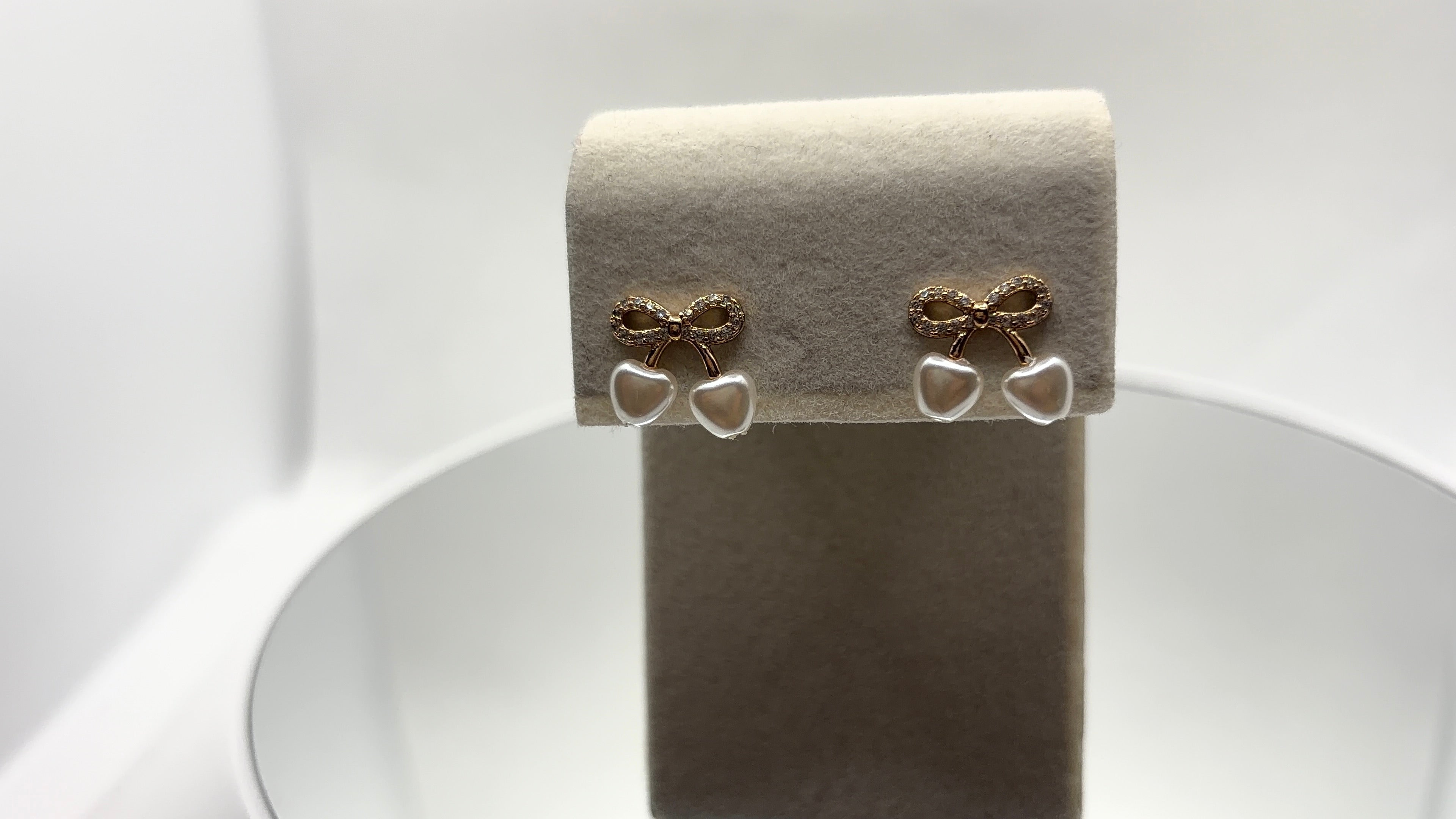 Gold Bow & Pearl Heart Drop Earrings