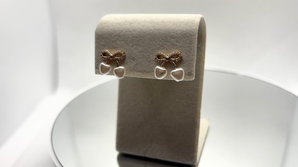 Gold Bow & Pearl Heart Drop Earrings