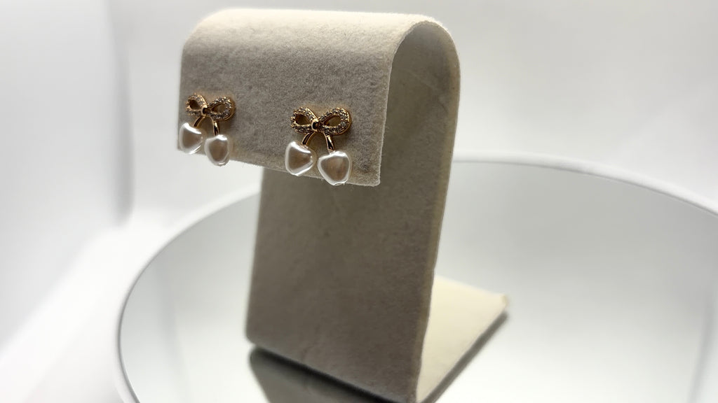 Gold Bow & Pearl Heart Drop Earrings