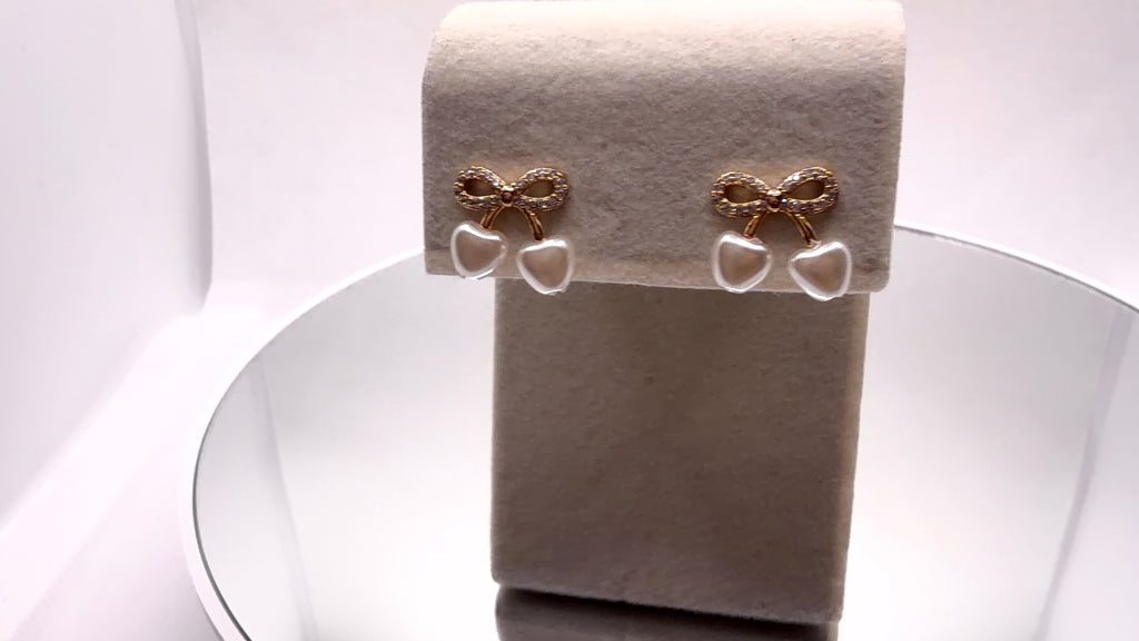 Gold Bow & Pearl Heart Drop Earrings