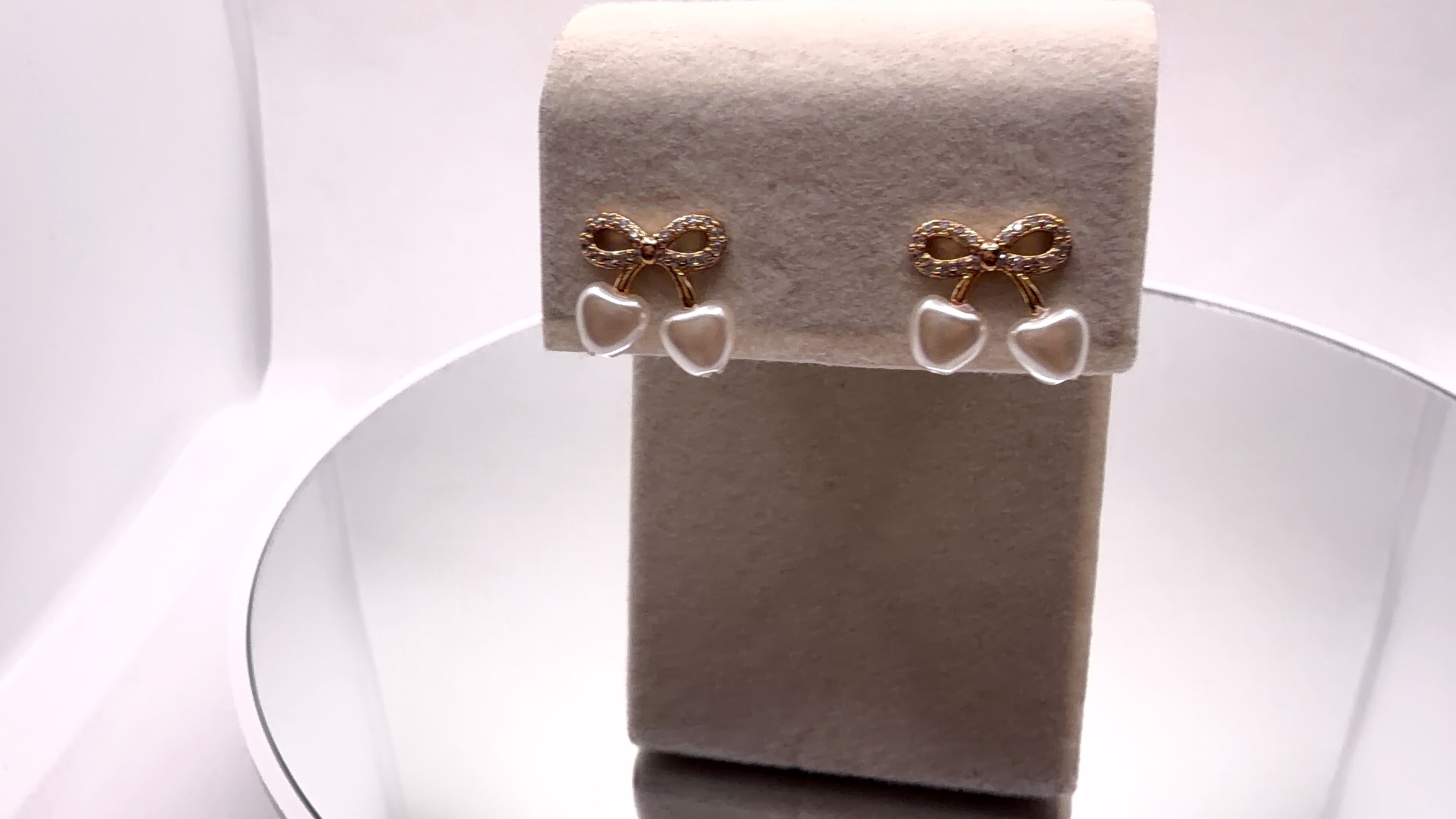 Gold Bow & Pearl Heart Drop Earrings