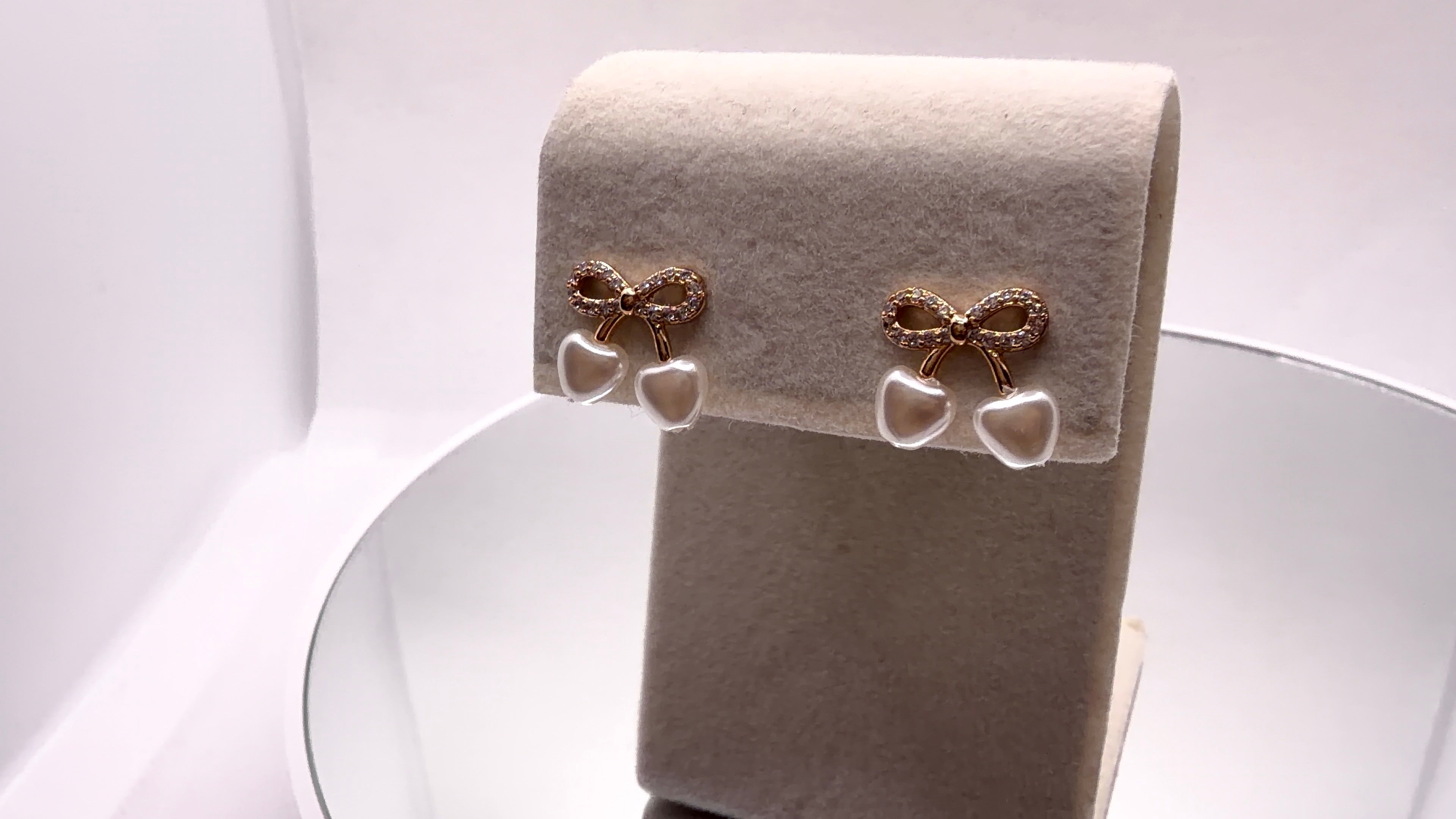 Gold Bow & Pearl Heart Drop Earrings