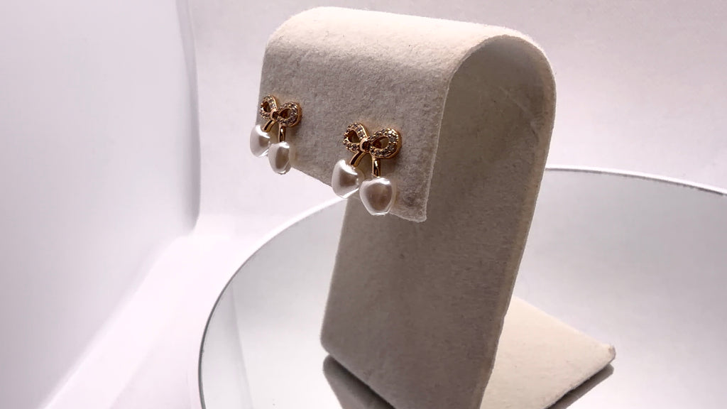 Gold Bow & Pearl Heart Drop Earrings