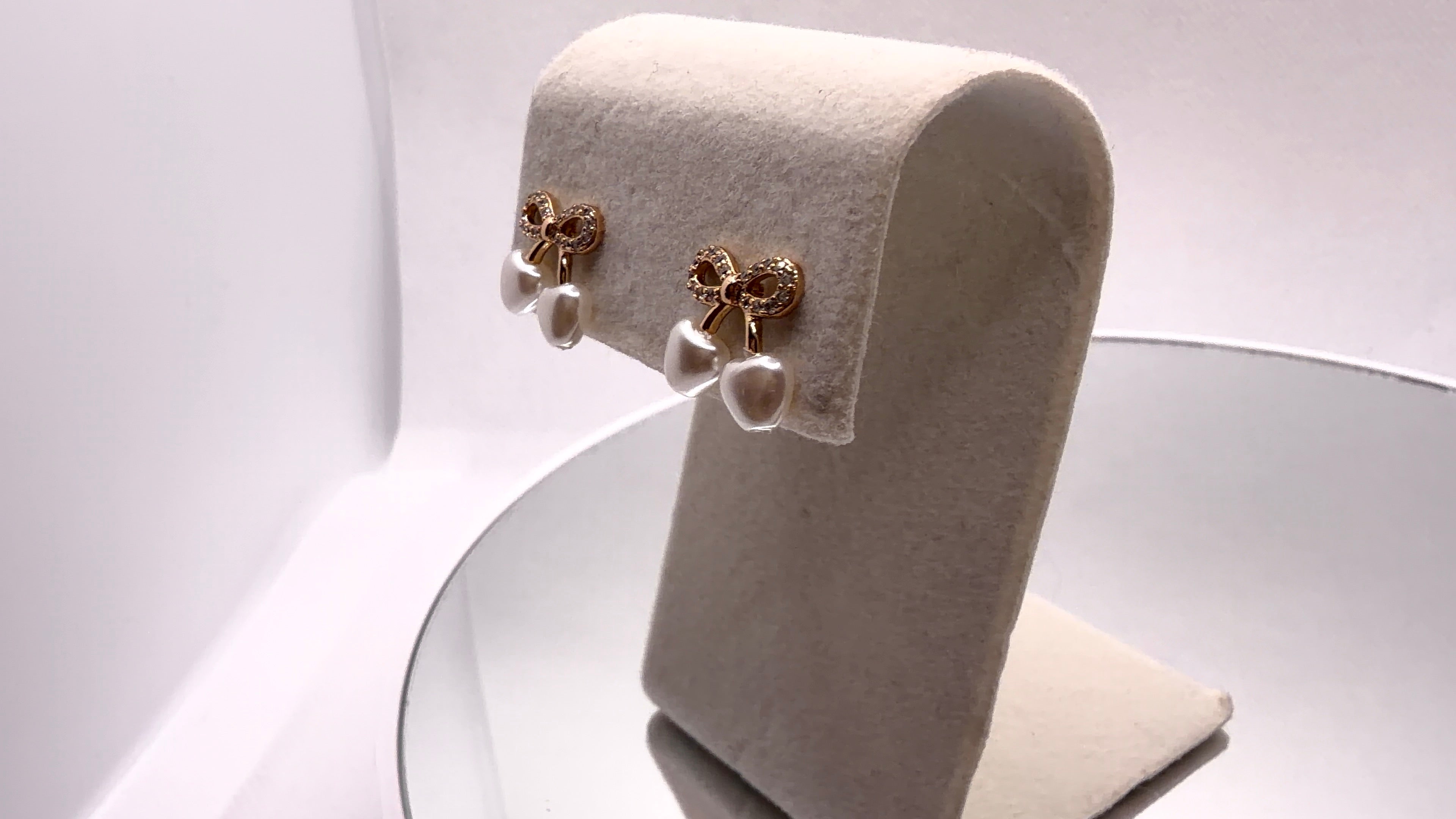 Gold Bow & Pearl Heart Drop Earrings