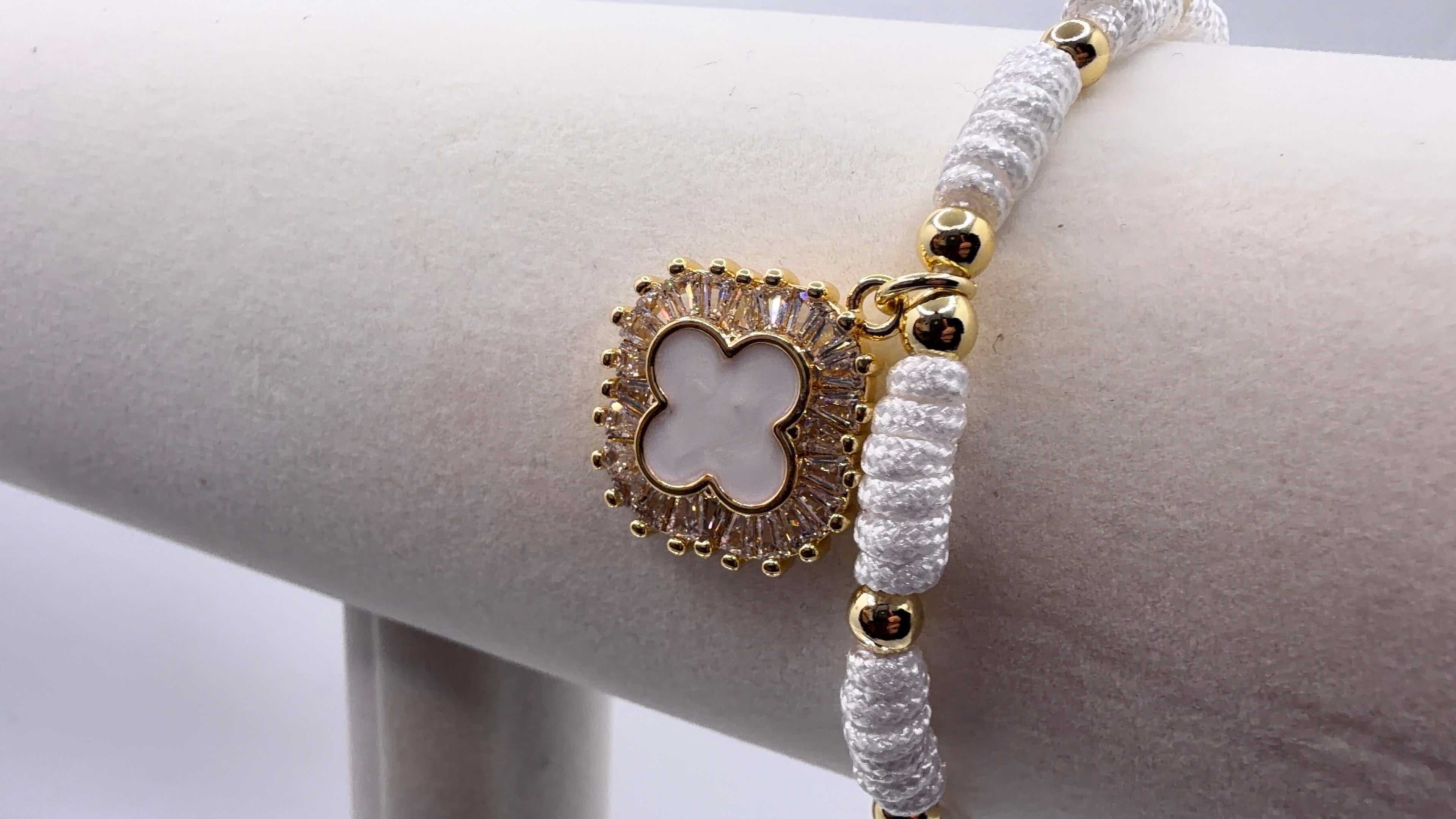White Macramé Clover Charm Bracelet