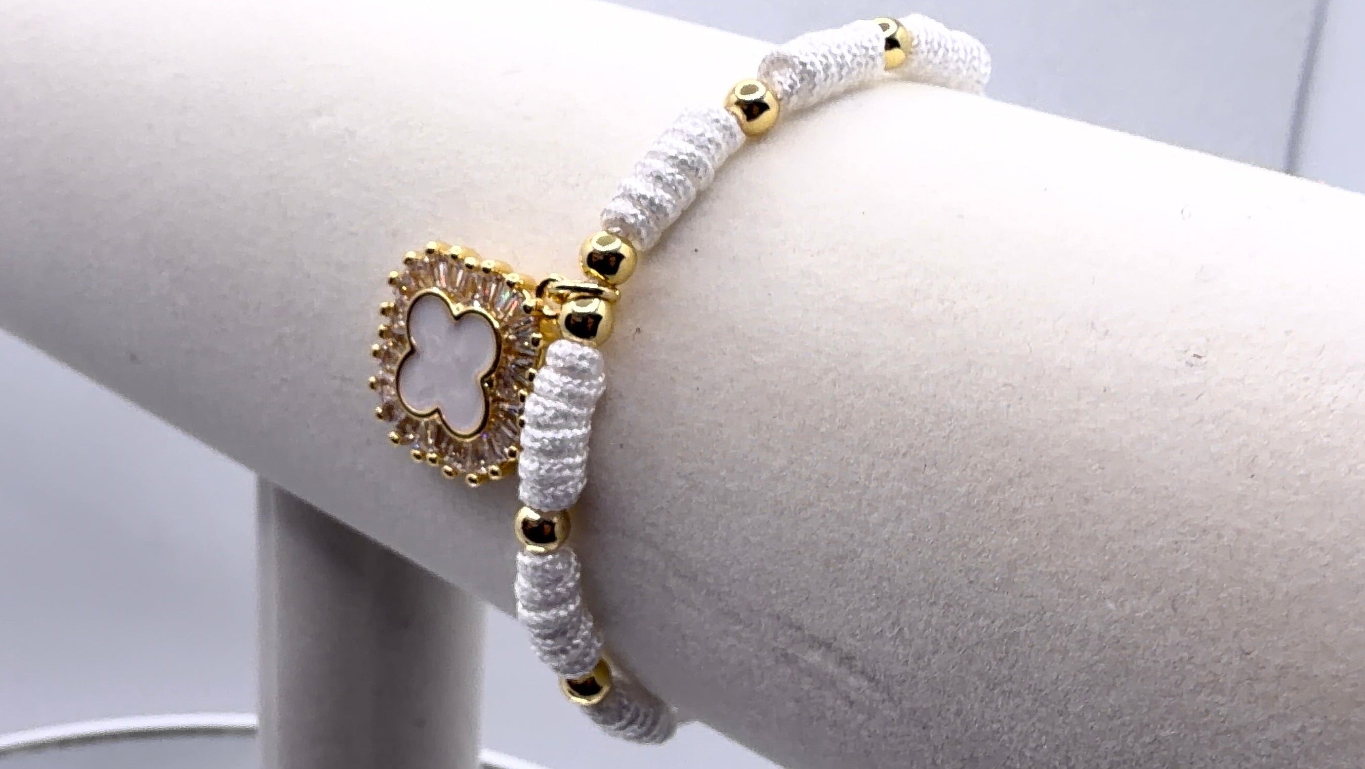 White Macramé Clover Charm Bracelet