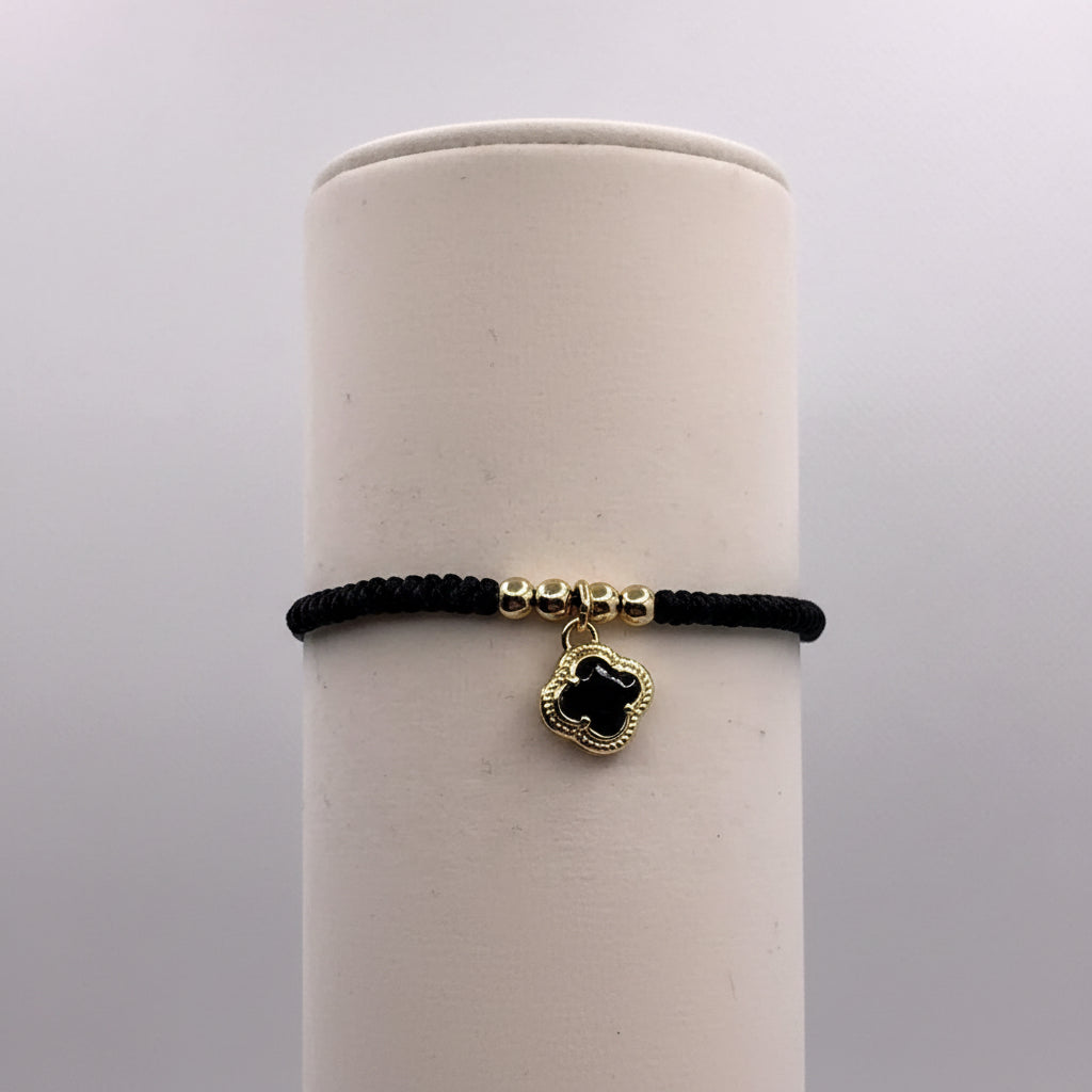 Black Macramé Bracelet with Gold Clover Charm