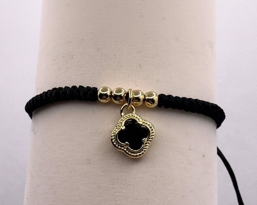Black Macramé Bracelet with Gold Clover Charm