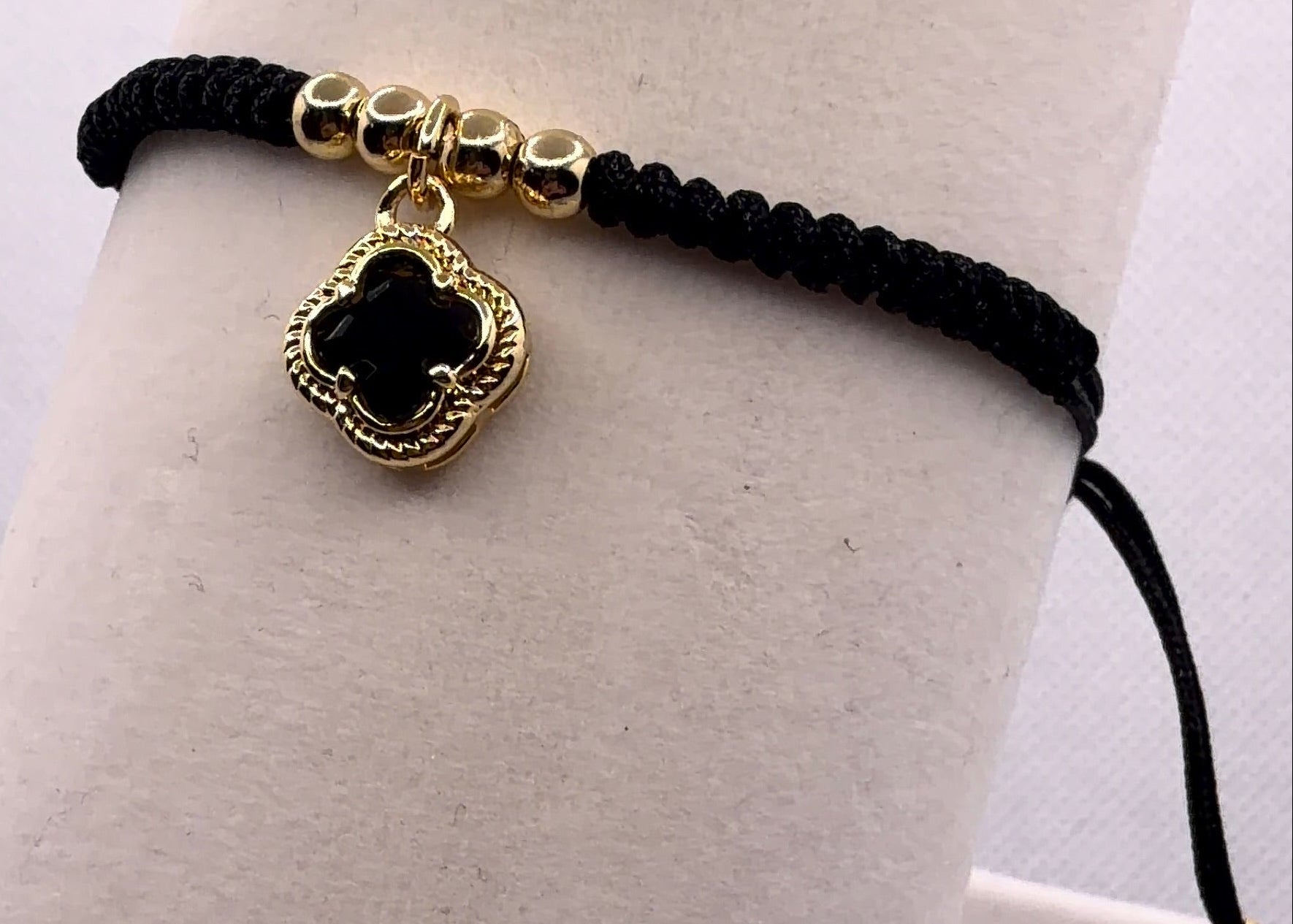Black Macramé Bracelet with Gold Clover Charm