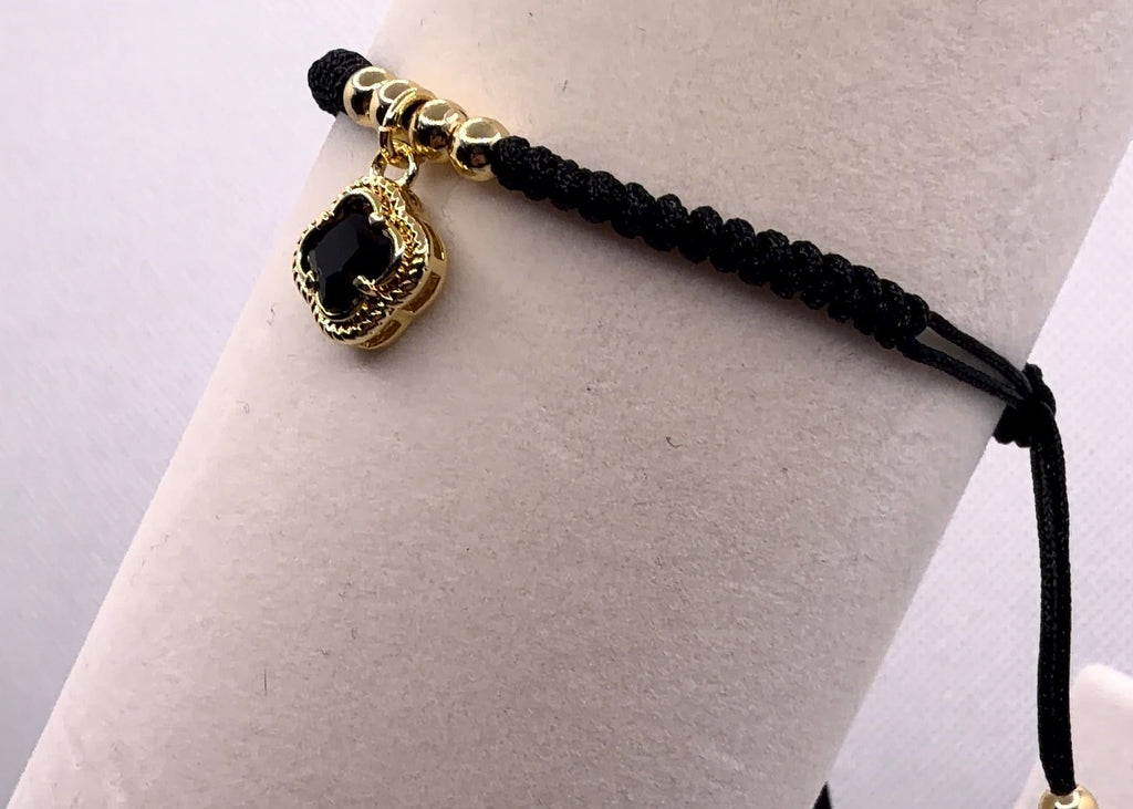 Black Macramé Bracelet with Gold Clover Charm