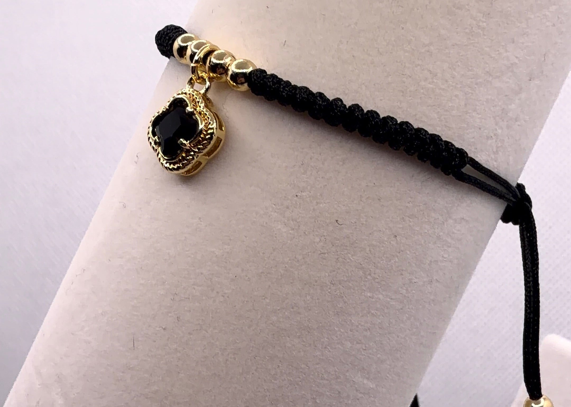 Black Macramé Bracelet with Gold Clover Charm