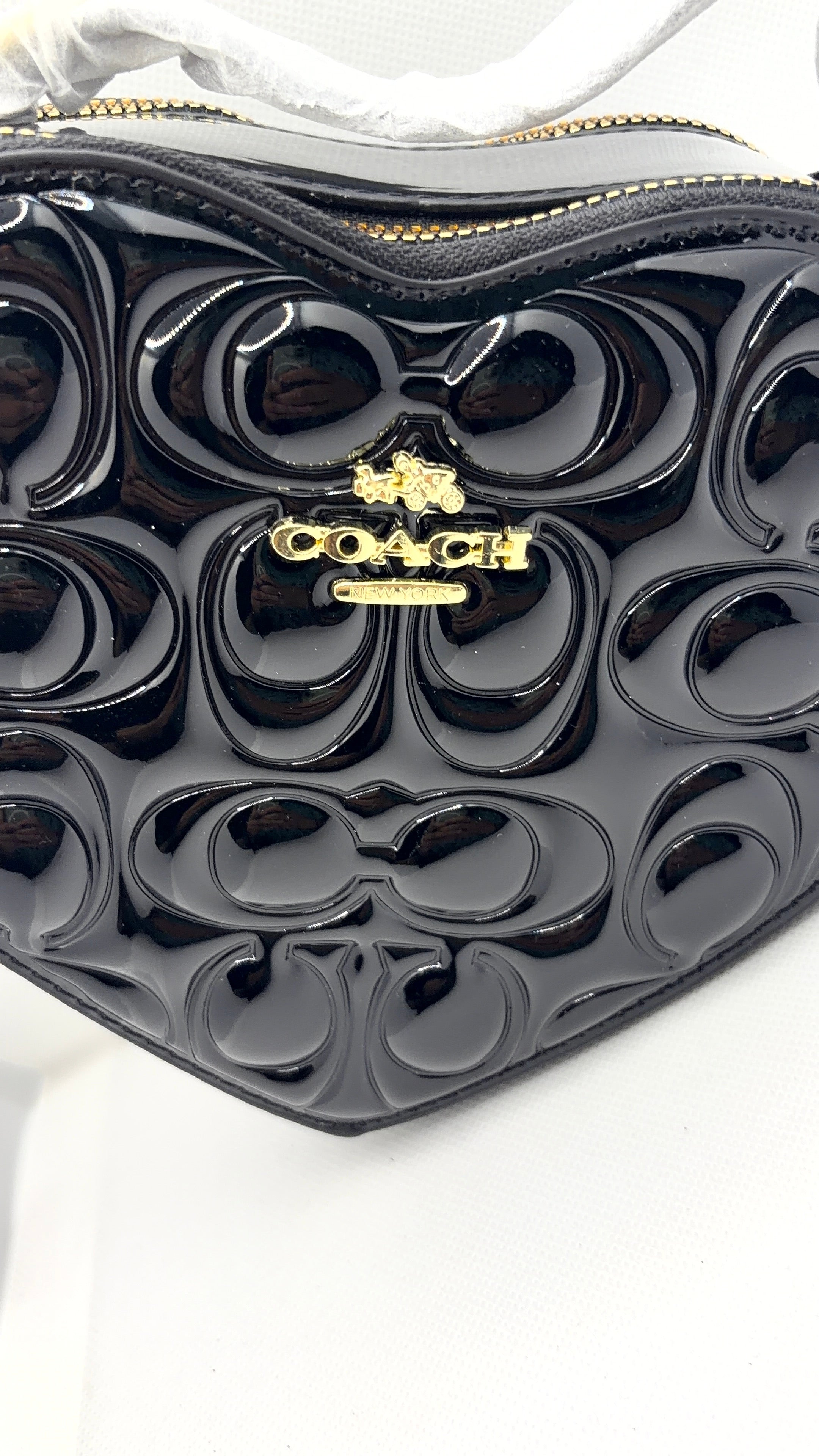 Coach heart bag black patent leather side view