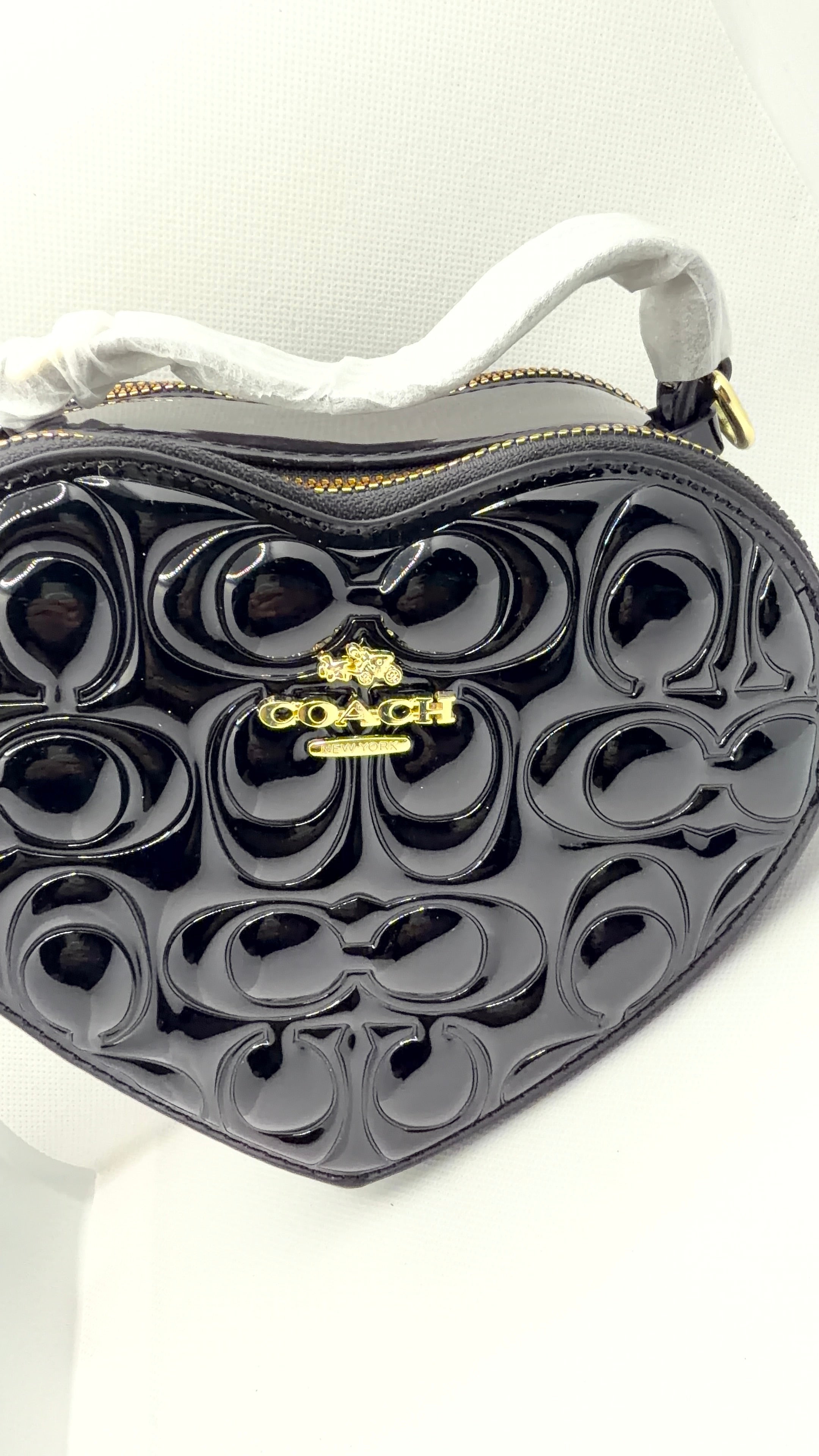 Coach heart bag black patent leather full view