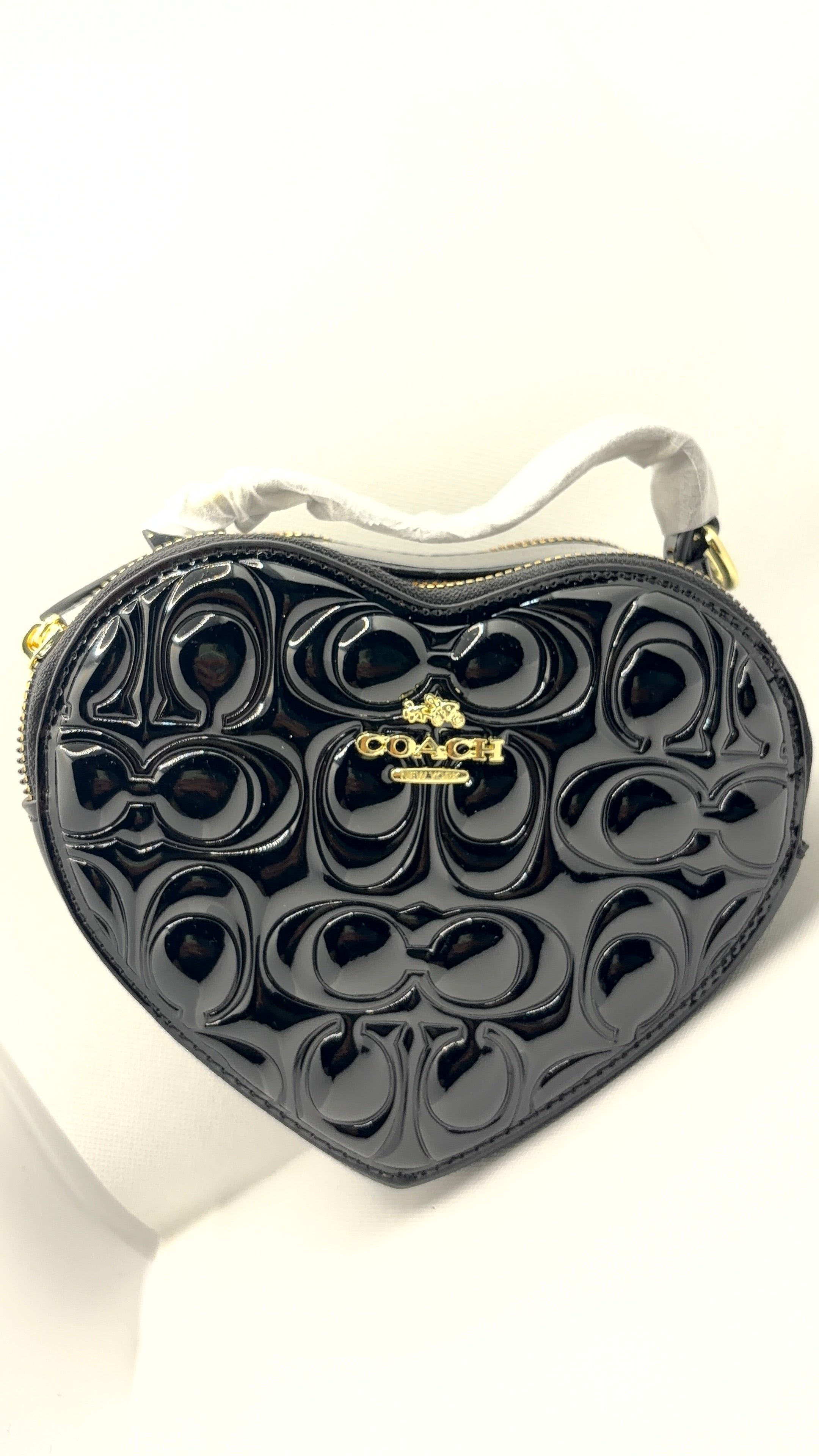 Coach heart bag black patent leather strap view