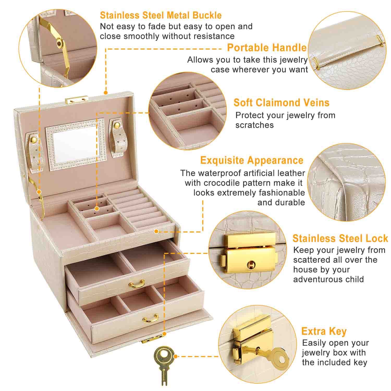1Pc Jewelry Case Organizer 3-layer Lockable Travel Jewelry Box PU Leather Storage Display Case With Mirror Protective For Bracelets Earrings Rings Necklaces